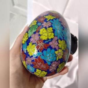 Vintage LARGE Brass Cloisonne Egg flowers floral cobalt Blue pink yellow